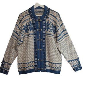 Voss Norwegian Wool Cardigan Sweater Blue White Size Small